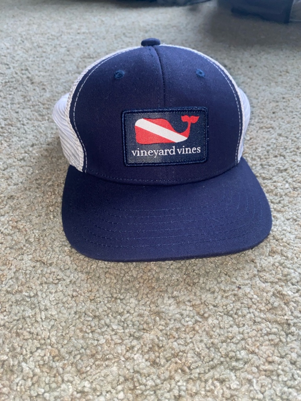 Kids Vineyard Vines Navy & White Mesh Trucker Hat with Red Whale Patch